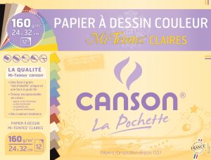 Pochette Papier Canson Couleur - Dessin mi-teintes claires - 12 feuilles - 24x32 cm - 160g