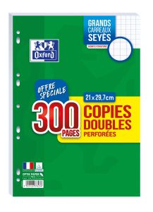 300 Copies Doubles Oxford - A4 - Séyès - perforées - blanc