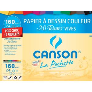 Pochette Papier Canson Couleur - Dessin mi-teintes vives - 12 feuilles - 24x32 cm - 160g
