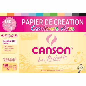 Pochette Papier Canson Couleur vives création - 12 feuilles - A4 - 150g