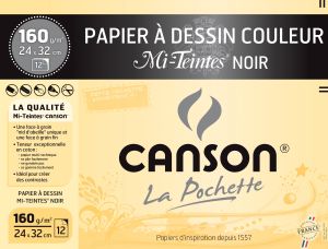 Pochette Papier Canson Noir - Dessin mi-teintes - 24x32 cm - 12 feuilles - 160g
