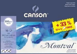 Album Papier Aquarelle Montval Canson - A3 - 29,7x42cm - 16 feuilles - 300g/m²