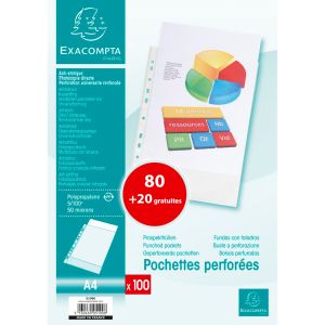 100 Pochettes Plastique Perforées Exacompta - A4 - grainées