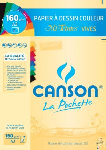 Pochette Papier Canson Couleur - Dessin mi-teintes vives - A3 - 8 feuilles - 160g
