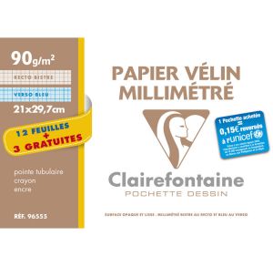 Pochette Papier Millimétré Clairefontaine A4 - 12 feuilles + 3 gratuites - 90g